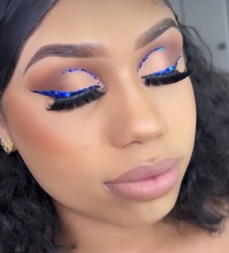 Soft Beat Makeup Blue, Blue Bday Makeup, Black And Blue Makeup Prom, Royal Blue Soft Glam Makeup, Blue Birthday Makeup Looks, Blue Makeup Prom Looks, Blue Eyeshadow Looks For Prom, Birthday Makeup For Black Women Blue, Dark Blue Prom Makeup Looks