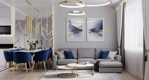 Blue And White Interior Design Living Room, White And Gold Interior Design Living Rooms, Blue White Living Room Modern, Blue White And Gold Living Room, White And Gold Interior Design, Classic Blue Interior, New Classic Salon, Blue Gold Interior, Blue And Gold Interior