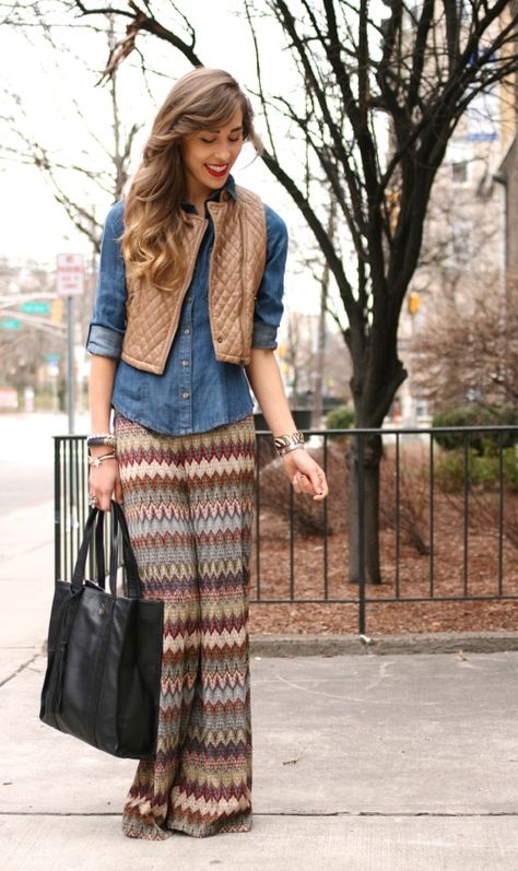 Chevron skirt. Outfit?  yes.no.maybe so. Palazzo Pants Outfit, New Hijab, Pants Outfit Fall, Nail Fashion, Outfit Fall, Chambray Shirt, Leather Vest, Nails Nail, Flared Jeans