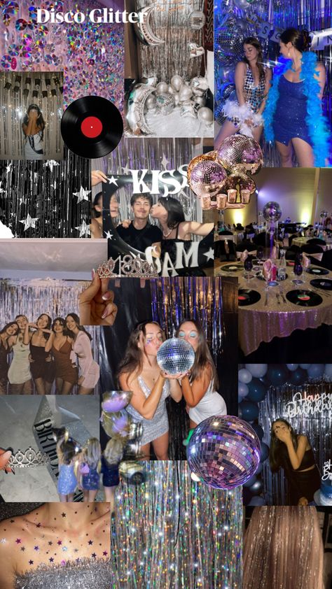 Disco Semi Formal Theme, School Disco Theme Ideas, Y2k Homecoming Theme, 18th Disco Party, School Disco Ideas, Sweet 16 Disco Theme, Disco Hoco Theme, Glitter Disco Party, Retro Disco Party Decor