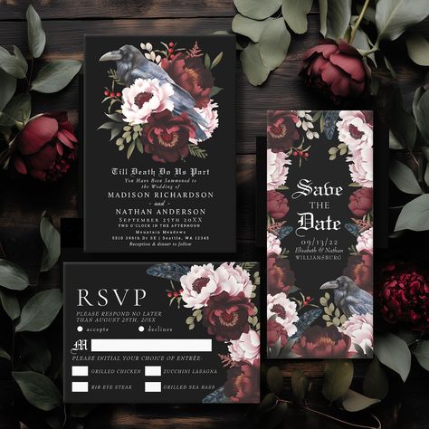 Romantic Gothic Watercolor Raven Floral Wedding Suite This goth floral raven wedding design features a simple, moody watercolor illustration of a raven perched on a bouquet. Perfect for a timeless romantic goth wedding or other special occasion. It is beautifully suited to a spooky Halloween event in the fall or a unique winter event in a casual or formal setting. For more invitations and gifts our Zazzle shop #linkinbio #Zazzlemade #weddingstationery #weddinginvitation #weddingplanner #w... Simple Goth Wedding, Romantic Goth Wedding, Raven Wedding, Gothic Watercolor, Moody Watercolor, Raven Perched, Spooky Wedding, Goth Floral, Halloween Wedding Invitations