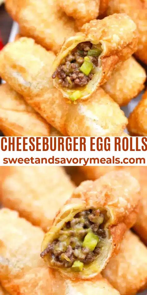 Cheeseburger Egg Rolls Recipe - Sweet and Savory Meals Baked Cheeseburger Eggrolls, Keto Cheeseburger Egg Rolls, Savory Egg Rolls, Dessert Egg Roll Recipes, Cheese Burger Egg Rolls, Recipes Using Egg Roll Wrappers, Cheeseburger Egg Rolls Recipe, Hamburger With Egg, Dorm Recipes