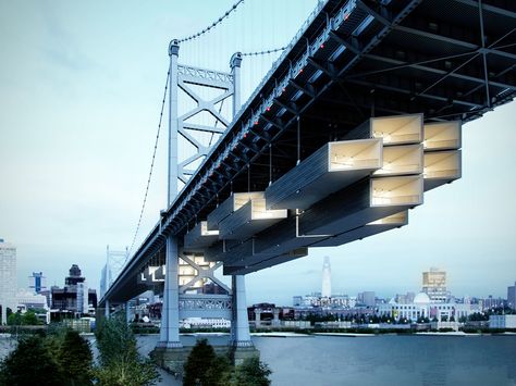 Under the bridge on Behance Suspended Architecture, Highway Architecture, Parasitic Architecture, Infrastructure Architecture, Bridge Ideas, Bridges Architecture, Architecture Diagram, Under Bridge, Bridge Structure