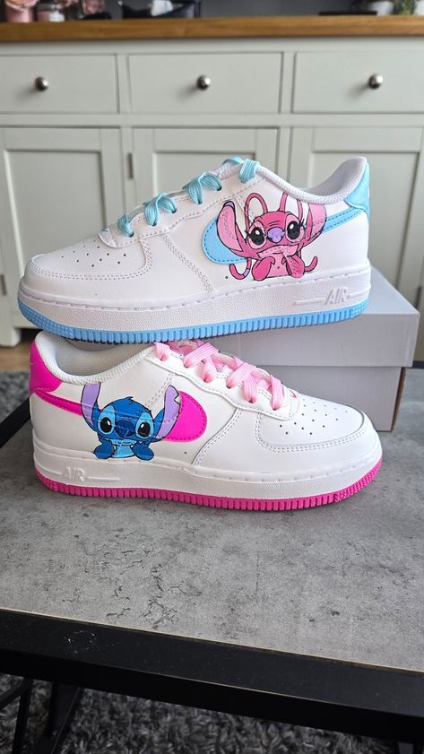 Stitch Painted Shoes, Stitch Custom Shoes, Lilo And Stitch Shoes, Stitch Nike, Angle Stitch, Stitch Shoes, Cute Converse Shoes, Nike Shoes Women Fashion, Custom Sneakers Diy