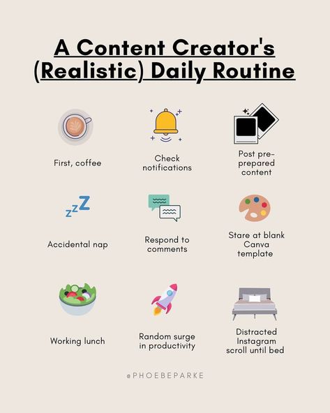 Phoebe Parke’s Instagram post: “Share your productivity hacks in the comments 👇🏽✨” Tiktok Content Schedule, Daily Routine Content Creator, Daily Routine Infographic, Content Posting Schedule, Content Planner Tiktok, Productivity Hacks, Daily Routine, Content Creator, The Creator