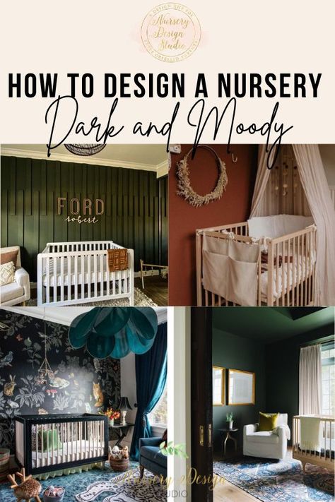 Dark Paint Nursery, Nursery Dark Walls, Nursery Ideas Dark Furniture, Dark Boho Nursery, Dark And Moody Nursery, Dark Teal Nursery, Dark Baby Room, Moody Boy Nursery, Dark Nursery Ideas