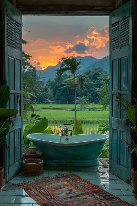 Mountain resort with ocean sunset views Bathtub With A View, Phi Phi Thailand, Tropical Bathroom, Bath Inspiration, Outdoor Bath, Ocean Sunset, Outdoor Decor Backyard, Mountain Town, The Boutique