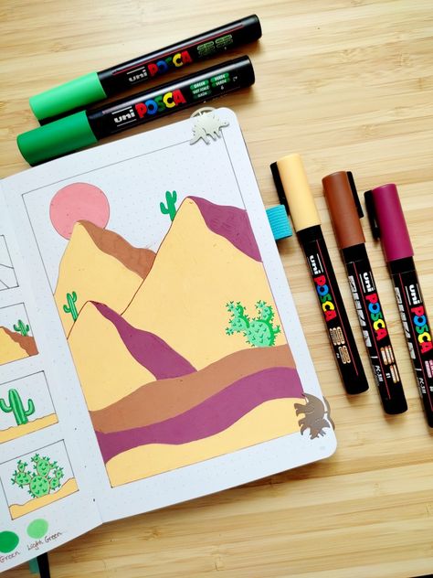 Paint Pen Art Ideas On Paper, Easy Marker Drawings For Beginners, Easy Paint Pen Art, Mountian Art, Cute Marker Drawings, Things To Draw With Posca Pens, Easy Marker Drawing, Drawing With Posca, Desert Drawing