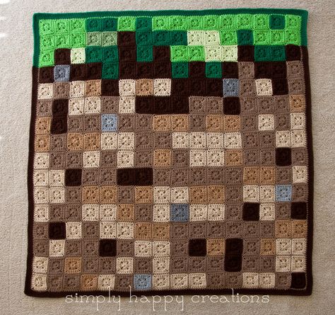 Crochet 8-Bit Pixel Art Granny Square Throw Blanket - Minecraft Grass Block by simplyhappycreations (it measures approximately 49" square) Minecraft Crochet Blanket, 8 Bit Crochet, Minecraft Grass Block, Minecraft Crochet Patterns, Minecraft Blanket, Grass Block, Minecraft Crochet, Pixel Crochet Blanket, Granny Square Throw