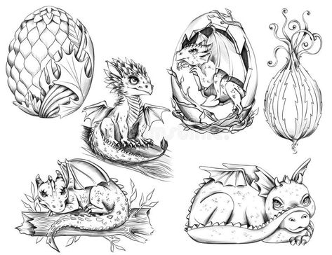 Cute wood dragons and the eggs line sketch set stock photos Dragon Egg Tattoo, Dragon Egg Drawing, Flying Lizard, Places For Tattoos, Dragon Eggs, Beautiful Meaning, Drawing Tutorials For Beginners, A Kind Of Magic, Line Sketch