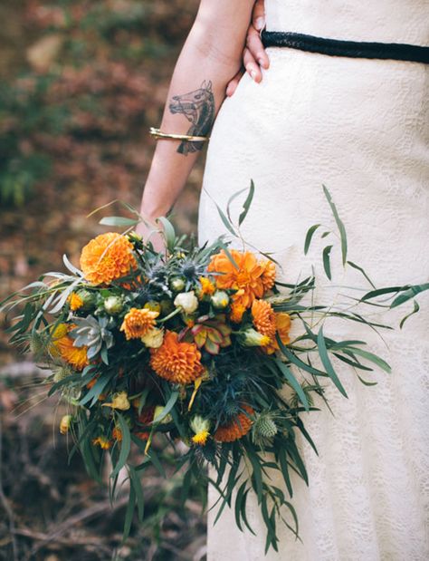 whimsical orange + blue bouquet Dahlia Wedding Bouquets, Orange Dahlias, Marigold Wedding, Bohemian Bouquet, Cats Flowers, Dahlias Wedding, Orange Bouquets, Orange Wedding Flowers, Blue Wedding Bouquet