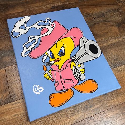 Looney Tunes Painting Canvas, Tweety Bird Canvas Painting, Goofy Painting Ideas, Acrylic Painting Characters, Trippy Posca Pen Art, Characters To Paint On Canvas, Funny Cartoon Paintings, Tom And Jerry Painting On Canvas, Painting Cartoon Ideas