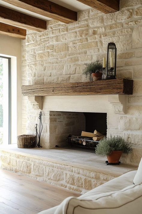 Limestone fireplace Wall To Wall Fireplace Mantle, Stone Wall And Fireplace, Updating Old Stone Fireplace, French Style Fireplace Ideas, Indiana Limestone Fireplace, Navajo Home Decor, Cottage Style Fireplace Ideas, Grand Fireplace Ideas, Old World Fireplace