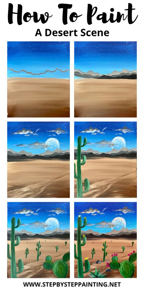 Desert Landscape Painting Tutorial - Night Desert Scene Desert Scenes To Paint, Diy Desert Painting, Easy Landscape Painting Ideas For Beginners, Desert Painting Ideas, Easy Desert Painting, Painting Ideas On Canvas Step By Step, Step By Step Painting For Beginners, Acrylic Painting Desert, Easy Landscape Painting For Beginners