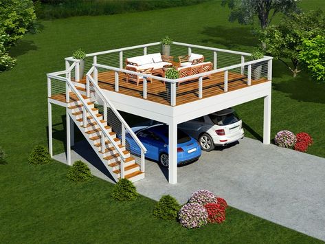 062G-0329: Double Carport Plan with Mezzanine 2 Story Deck Designs, Rv Porches And Decks, Lake Front Landscaping, Carport In Front Of Garage, Small Carport, Carport In Front Of House, Lake House Deck Ideas, House With Backyard, Deck Over Garage