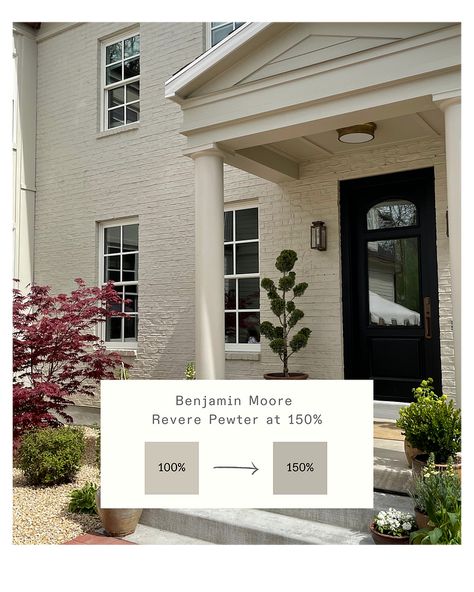 Off White House Exterior, Revere Pewter Exterior, Colonial Exterior Paint Colors, W Design Collective, Brick Exteriors, Exterior Paint Color Schemes, Grey Exterior House Colors, Benjamin Moore Exterior, Painted Brick Exteriors