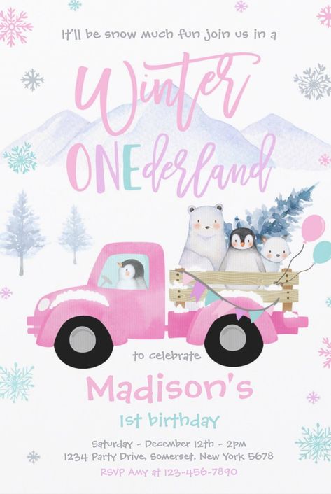 Cute Winter Onederland 1st Birthday Party Invitations for Girls Polar Bear Birthday, Winter Onederland Party Girl, Winter Onederland Birthday Party, Winter Onederland Party, Onederland Birthday Party, Winter Onederland Birthday, 1st Birthday Party Invitations, Animals Birthday, Animal Birthday Party