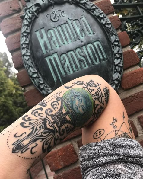 Mansion Tattoo, Haunted Mansion Tattoo, Disney Sleeve Tattoos, Promotion Ideas, Geometric Tattoo Arm, Spooky Tattoos, Tattoo Graphic, Japanese Sleeve Tattoos, Full Sleeve Tattoos