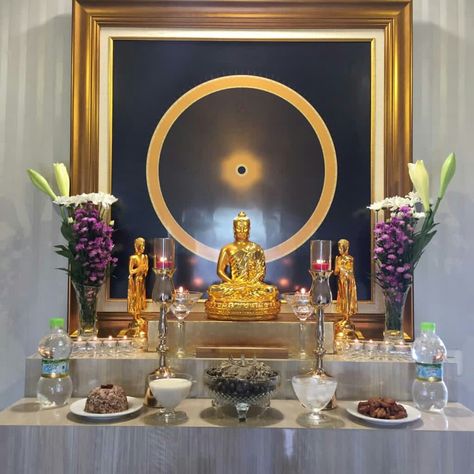 Vande. Vande. Buddhaya. Buddhaya. Namo. Namo. Buddha Pooja Decoration, Buddha Room Design, Grandma Room, Camera Knowledge, Meditation Alter, Pooja Decoration, Buddha Decor, Buddhist Altar, Meditation Rooms