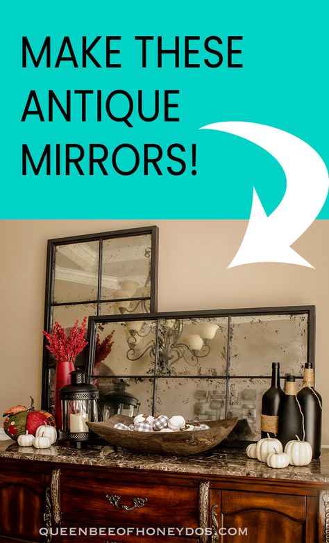 Beautiful antique mirrors made popular by Fixer Upper. Built using just glass and wood. Uses an easy to follow plan for even the beginner woodworker. Video instructions available. #antique #mirror #decor #fixerupper Antique Diy, Antique Mirror Diy, Mirrors Decor, Antique Mirror Glass, Aged Mirror, Antiqued Mirror, Distressed Mirror, Old Mirrors, Antique Mirrors