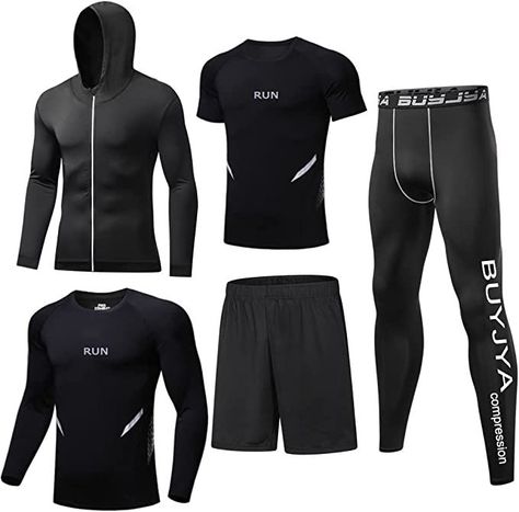 BUYJYA 5Pcs Men's Compression Pants Shirt Top Long Sleeve Jacket Athletic Sets Gym Clothing Mens Workout Men Gym Outfits, Workout Outfits For Men, Mens Workout Outfits, Athletic Sets, Valentines Workout, Men Gym Wear, Mens Compression Pants, Gym Wear Men, Mens Workout