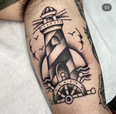 Light House Tattoo Old School, Nautical Elbow Tattoo, Trad Lighthouse Tattoo, Old School Tattoo Lighthouse, American Traditional Black Tattoo, Old School Lighthouse Tattoo, Traditional Lighthouse Tattoo Design, Lighthouse Traditional Tattoo, Lighthouse Tattoo Traditional