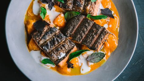 Grilled Salmon Recipe With Peach Curry and Coconut Cream Recipe | Epicurious Peach Curry, Coconut Cream Recipe, Recipes With Coconut Cream, Best Salmon Recipe, Grilled Fish Recipes, Grilled Halibut, Spicy Curry, Grilled Salmon Recipes, Peach Salsa