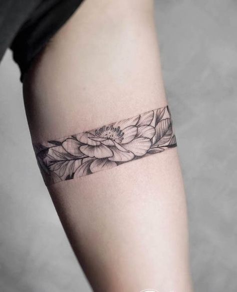 Botanical Arm Band Tattoo, Lower Bicep Tattoo Women, Wrist Tattoo Placement, Arm Cuff Tattoo, Ankle Band Tattoo, Leg Band Tattoos, Wrist Band Tattoo, Element Tattoo, Wrist Bracelet Tattoo