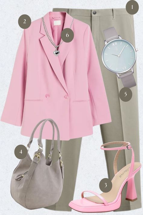 Step into spring with this fashion moodboard that radiates femininity and freshness. A pastel pink blazer offers a soft, yet structured look, capturing the light-hearted essence of the season. It’s paired with neutral trousers, allowing the blazer to really pop. The outfit is pulled together with a blend of subtle grey and playful pink accessories, from the practical handbag to the delicate strapped heels, adding both functionality and a whimsical touch. Pastel Pink Blazer, Neutral Trousers, Strapped Heels, Sweater Socks, Fashion Moodboard, Pink Trousers, Minimalist Watch, Pink Accessories, Pink Blazer