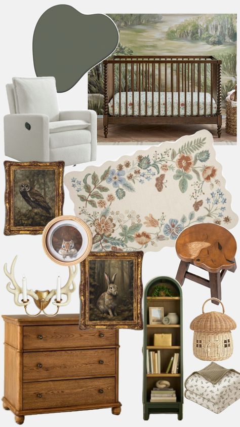 Vintage Woodland Nursery mood board Brambly Hedge Nursery, 70s Aesthetic Nursery, Forest Inspired Nursery, Antique Style Nursery, Nursery Ideas Antique, Vintage Outdoor Nursery, Vintage Green Nursery, Park Ranger Nursery, Vintage Camp Nursery