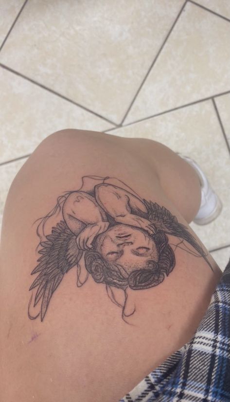 Angel Tattoo On Thigh, Angel Tattoo Thigh, Angel Back Tattoos Women, Detailed Angel Tattoo, Angel Tattoo On Leg, Angel Tattoo Leg, Beautiful Angel Tattoos For Women, Angel Leg Tattoo, Sleeping Angel Tattoo