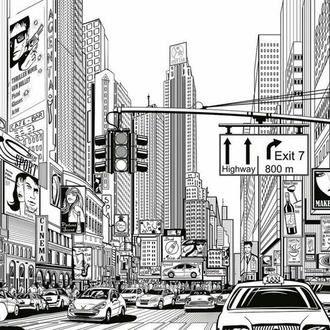 New York Skyline Silhouette, Cartoon City, Large Wall Murals, New York City Photos, New York Black And White, Wallpaper Stores, Building Drawing, City Cartoon, Tower Building