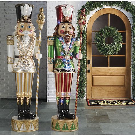 9 ft. LED Giant Nutcracker Front Door Xmas Decor Ideas, Giant Nutcracker, Giants Wreath, Front Yard Decor, Warm White Lights, Christmas Front Porch, Christmas Shows, White Lights, Outdoor Holidays