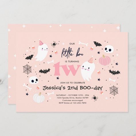 Halloween First Birthday, Halloween 1st Birthdays, Grown Up Parties, Ghost Party, Halloween Birthday Invitations, Pink Ghost, 2nd Birthday Invitations, Girl Birthday Themes, 1st Birthday Invitation