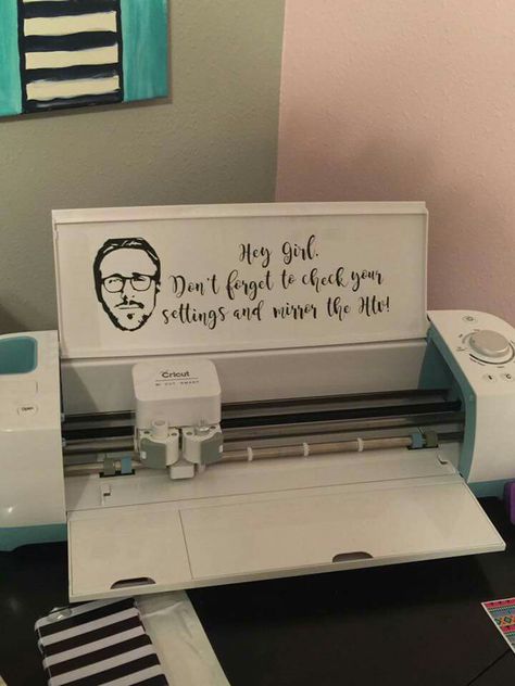 Cricut machine decals decoration inspiration vinyl Ryan gosling funny Decorating Your Cricut Machine Ideas, Cricut Machine Decals, Cricut Machine Ideas, Ryan Gosling Funny, Cricket Maker, Cricut Projects Easy, Laptop Decoration, Cricut Supplies, Cricut Projects Beginner