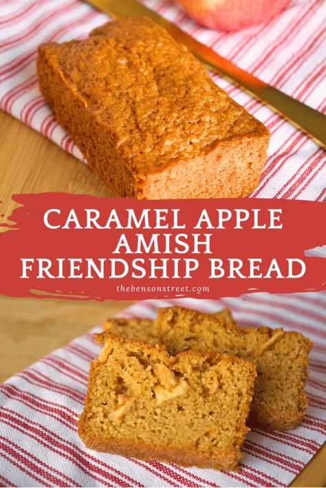 a loaf of bread on top, sliced amish friendship bread on bottom with apples baked in the slices. Caramel apple amish friendship bread. Amish Friendship Bread Recipes Printable, Pumpkin Amish Friendship Bread, Amish Friendship Bread With Starter, Amish Friendship Bread Cinnamon Rolls, Amish Friendship Recipes, Amish Friendship Bread Starter Recipes Sourdough, Amish Friendship Bread Cookies, Friendship Bread Recipe Variations, Amish Recipes Bread