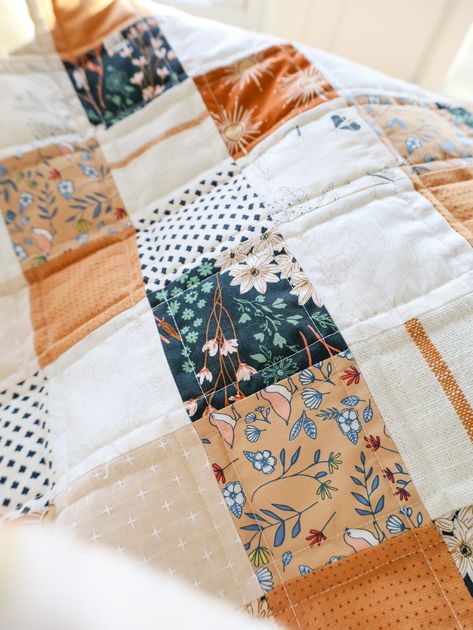 FREE - Patchwork Squares Quilt Pattern – Lo & Behold Stitchery How To Make A Patchwork Quilt For Beginners, Easy Block Quilts For Beginners, Quilts Patterns Beginner, 5 In Square Quilt Pattern, 6 Fabric Quilt Pattern, Square Pattern Quilt, How To Make Patchwork Quilt, Easy Block Quilt Patterns, Basic Patchwork Quilt