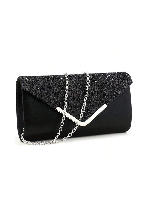 Black Glamorous,Minimalist Collar  Glitter Plain Envelope Bag Embellished   Women Bags Bags For Prom, Prom Bags, Black Clutch Purse, Silver Clutch Bag, Glitter Clutch Bag, Prom Purse, Prom Bag, V Design, Prom Season