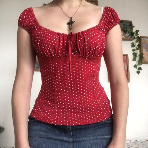 •sought after vintage jane norman red polka dot... - Depop Red Polka Dot Top Outfit, Polka Dot Top Outfit, Red Polka Dot Top, Milkmaid Top, Spring Fashion Casual, Jane Norman, Gingham Tops, Black Lace Tops, Red Polka Dot