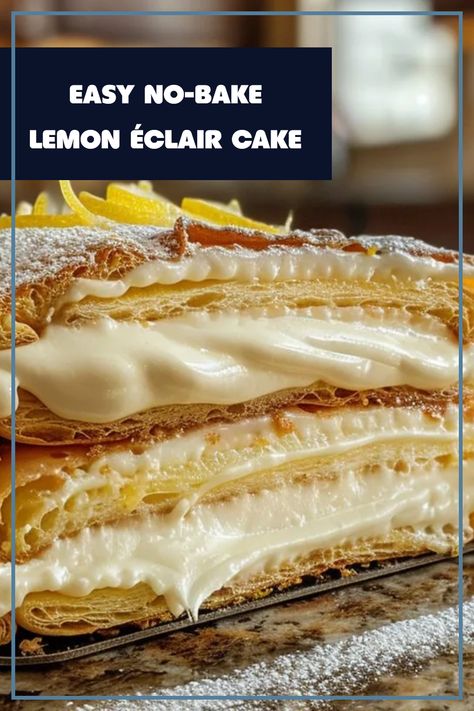 An image of a Delicious No-Bake Lemon Éclair Cake plated perfectly, showcasing its creamy lemon filling and layers, ideal for summer gatherings or special occasions. This cake is a favorite for dessert lovers. Easy Fast Recipes, Lemon Desserts Easy, Impressive Dessert, Light Dessert, Eclair Cake, Impressive Desserts, Lemon Dessert, Instant Pudding Mix, Lemon Pudding