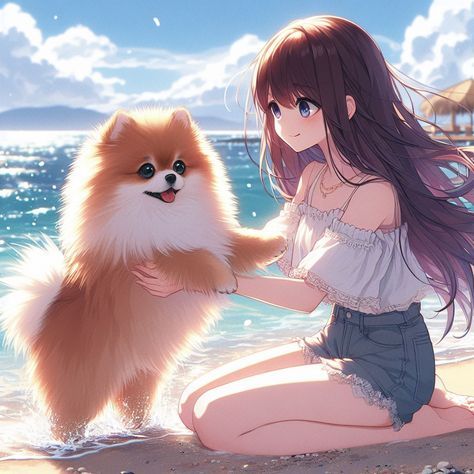 Anime Pomeranian, Anime Pets, Anime Dog, Dog Animation, Anime Prince, Anime Girlies, Girl Beach, Pomeranian Dog, Prince And Princess