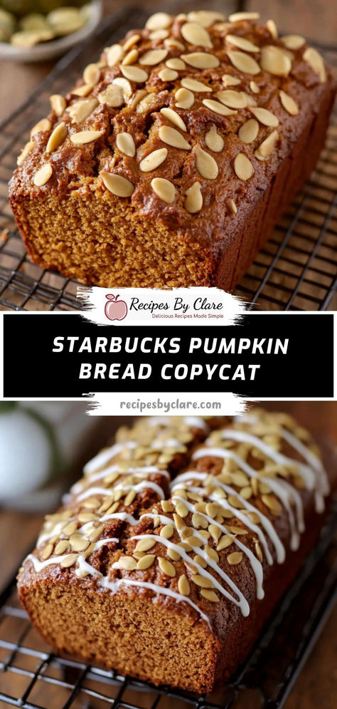 This homemade pumpkin bread is packed with warm spices and a tender crumb, just like the Starbucks favorite, making it the perfect cozy fall treat.  Ingredients:  1 cup pumpkin puree 1/2 cup vegetable oil 1 cup granulated sugar 2 tablespoons pumpkin seeds (optional) Moist and flavorful pumpkin bread with a rich blend of spices, perfect for breakfast or an afternoon snack, especially when paired with your favorite coffee! Recipes That Use Pumpkin Puree, 1 Cup Pumpkin Recipes, Recipes Using Pumpkin Puree, Starbucks Pumpkin Bread Recipe, Pumpkin Bread Starbucks Copycat, Spiced Pumpkin Bread, Homemade Pumpkin Bread, Bread Recepies, 1 Cup Pumpkin Puree