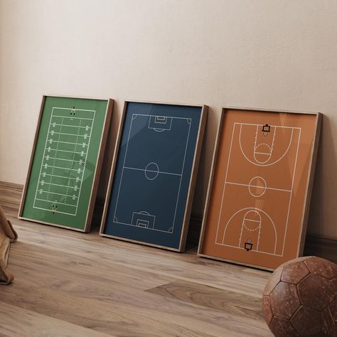 Set of 3 digital prints featuring a soccer field, football field, and basketball court for boys' room decor. 🌿 Instant Download You will receive 3 high-quality (300dpi) JPG files of the following sizes: * 3:4 Ratio ➤ 6x8, 9x12, 12x16, 15x20, 18x24" inches / 15x20cm, 30x40cm * 4:5 Ratio ➤ 4x5, 8x10, 12x15, 16x20" inches / 40x50 cm * 2:3 Ratio ➤ 4x6, 6x9, 8x12, 10x15, 12x18, 16x24, 20x30, 24x36" inches / 10x15cm, 20x30cm, 30x45cm, 60x90cm * Additional Size: 11x14" * INTERNATIONAL PAPER SIZES: A1, Sports Bedroom Decor, Sports Room Boys, Football Rooms, Sports Bedroom, Field Football, Basketball Room, Sports Nursery, Sport Bedroom, Big Boy Bedrooms