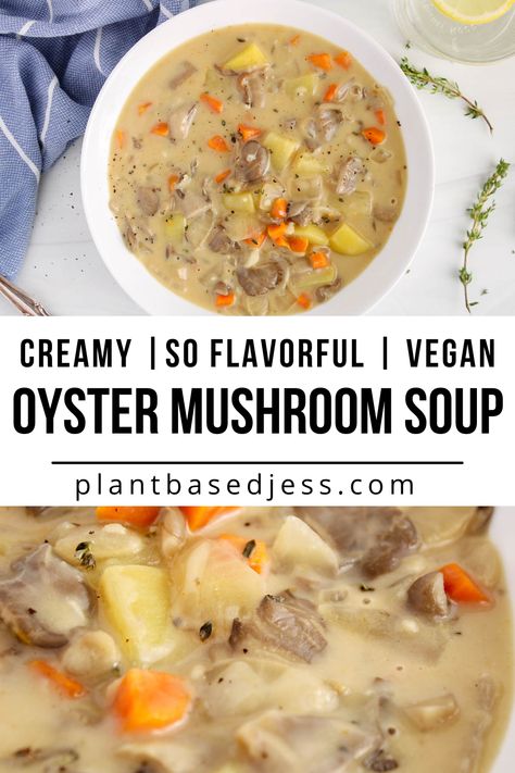 View on a bowl of vegan creamy oyster mushroom soup. White Oyster Mushroom Recipe, Oyster Mushroom Soup Recipe, Dairy Free Oyster Stew, Oyster Mushrooms Soup, Blue Oyster Mushrooms Recipes Vegan, Oyster Mushroom Soup, Vegetarian Oyster Mushroom Recipes, Vegan Vegetable Soup Recipes, Vegan Recipes With Oyster Mushrooms