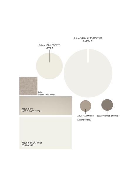 Color mood board Jotun Sand and Jotun Eggvit, Jotun Marrakesh, Vintage brown. Minimalistic color board by Anahita Poura Jotun Sand 1140, Jotun Reflection 1622, Summer Snow Jotun, Jotun Egg White 1001, Modern Beige Jotun, Egg White Jotun, Jotun Marrakesh, Sand Jotun, Modern House Colors