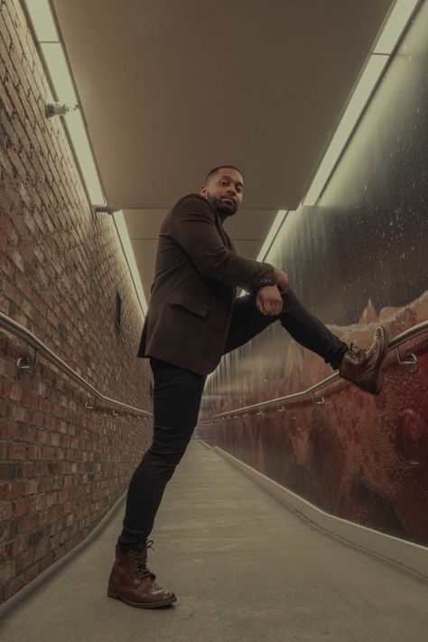 Leg Against Wall Pose, Man Crawling Pose, Man Leaning On Wall Pose, Guy Leaning On Wall, Against Wall Pose, Man Leaning Against Wall, Black Man, Male Poses, Black Men