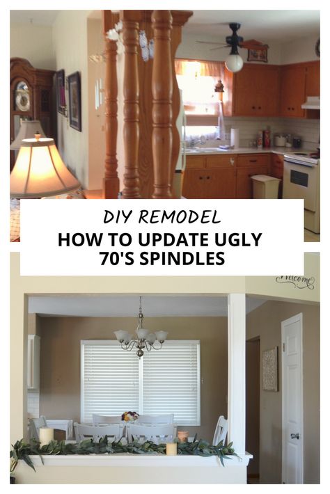 BEFORE AND AFTER! Simple and Inexpensive Steps to Update those Ugly 70's Spindles! Great Home Renovation Project #kitchenremodel #beforeandafter #remodel #70stotoday #homeprojects #pillars #DIY #homereno #howto Updating 70s House, Interior Pillars, Kitchens Decor, Craftsman Door, 70s House, Inspirational Decor, Living Room And Kitchen, 70s Home, House Updates