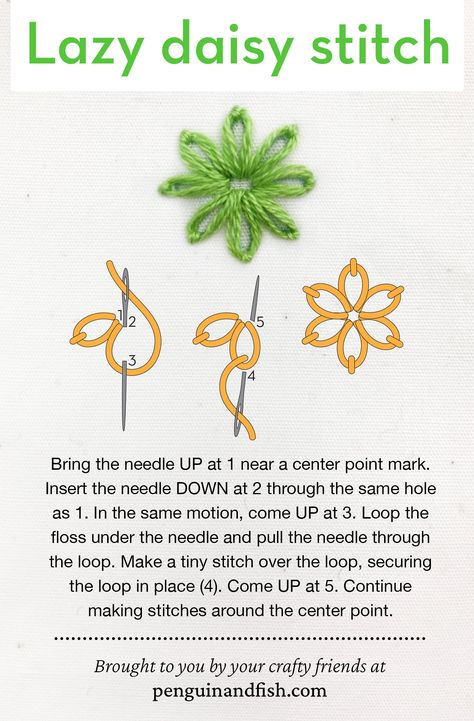 Embroidery Stitches Flowers Tutorials Simple, Simple Daisy Embroidery Tutorial, Daisy Embroidery Pattern Simple, How To Embroidery Flowers Step By Step, Embroidery Lazy Daisy Tutorial, Free Daisy Embroidery Pattern, Cross Stitch Step By Step, Filled Lazy Daisy Stitch, Daisy Embroidery Pattern Template