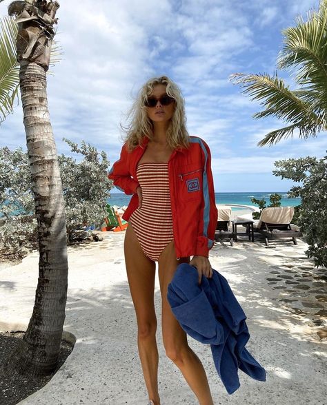 Elsa Hosk November 2019 Red Swimsuit Outfit, Velvet Swimsuit, Elsa Hosk Style, Stripy Tops, Fashion Outfits Men, Denim Swimsuit, Fallen Angels, Solid And Striped, 20s Fashion