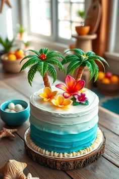 Hawaiian Cake Ideas, Luau Cake Ideas, Tropical Jungle Party, Coconut Cake Decoration, Cake Icing Ideas, Hawaiian Theme Cakes, Ocean Birthday Cakes, Creative Cake Ideas, Hawaiian Cake